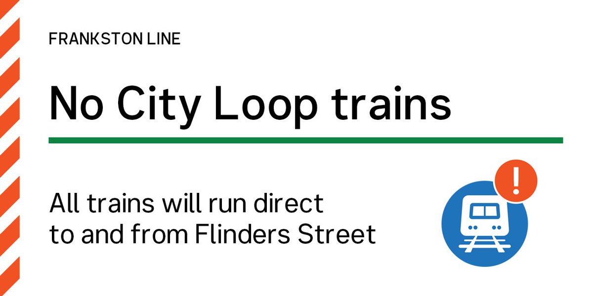metrotrains's tweet image. ↔️ Frankston line: All trains will run direct to/from Flinders St, not via the City Loop from 9pm to last train tonight, while maintenance and renewal works take place.

Info: tinyurl.com/2f3xuh3b