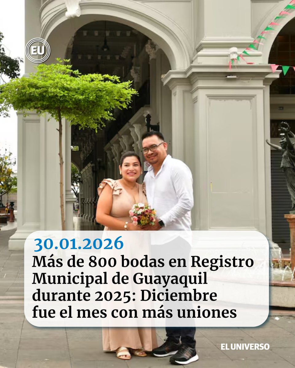 eluniversocom's tweet image. 👉🏻ow.ly/nx6W50Y6vbX | Más de 800 #bodas en Registro Municipal de Guayaquil durante 2025: Diciembre fue el mes con más uniones