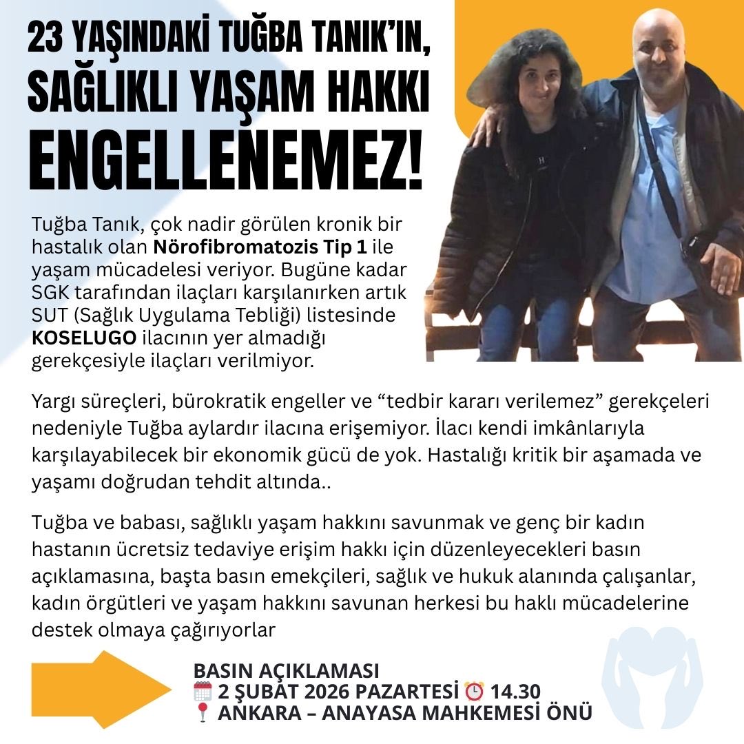 Sağlıklı yaşam hakkı bürokrasiye kurban edilemez.
SGK, SUT listesi, “tedbir kararı verilemez” gerekçeleri bir gencin yaşamından daha değerli değildir.
Sağlık bir lütuf değil, haktır.
#TuğbaTanık #SağlıkHakkıEngellenemez