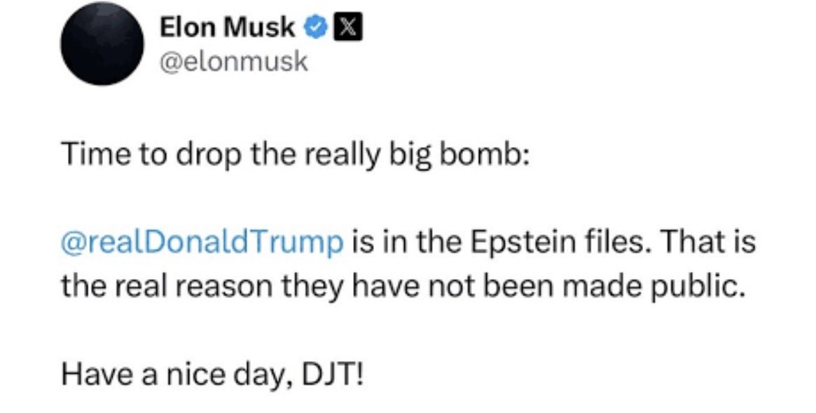 Mattrtwhite's tweet photo. Time to drop a really big bomb!:

@ElonMusk is in the Epstein Files along with Trump. That’s the real reason Elon never elaborated is the attached tweet.

Have a nice day, Leon Skum! https://t.co/GRuwqmI1dx