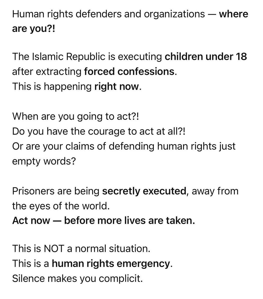 soode13815531's tweet photo. Iran is executing children.
Forced confessions. Secret executions.
Where are the human rights defenders?
Act now. @amnesty
@hrw
@UNHumanRights
@UN
@UNICEF
@UNSpecialRap
@JavaidRehman 
@euronews
@BBCWorld
@Reuters https://t.co/uWJbMbe25Y