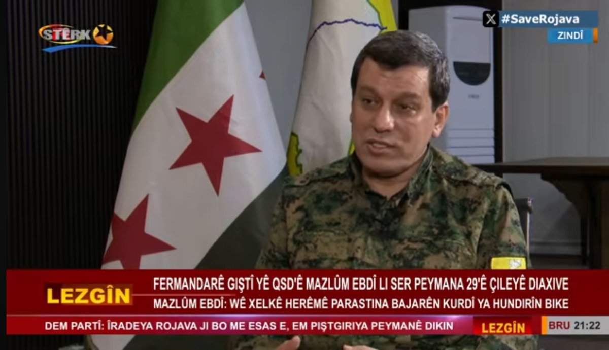 ‘EZ Ê HER JI BO GELÊ XWE BIXEBITIM’ 

Fermandarê Giştî yê HSDê Mazlum Ebdî:

“Ez ê tu roleke fermî negrim ser xwe. Ez ê beşdarî xebatên civakî bibim. Ez ê ji bo yekîtiya neteweyî ya Kurd bixebitim. Ez ê hewl bidim ku yekîtiya neteweyî ya Kurd saz bikim. Ez ê ji bo aliyên ku hîn