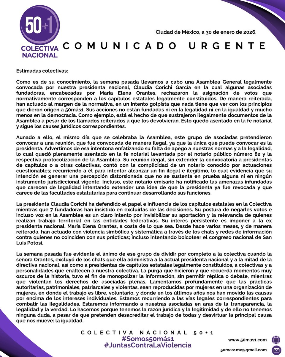 ⚠️⚠️COMUNICADO URGENTE⚠️⚠️
Estimadas colectivas, la semana pasada llevamos a cabo una Asamblea General legalmente convocada por nuestra presidenta nacional <a href="/ClauCorichi/">Clau Corichi Oficial</a>
#Somos50más1
#JuntasContraLaViolencia

Les compartimos este comunicado para su conocimiento 👇🏼👇🏼