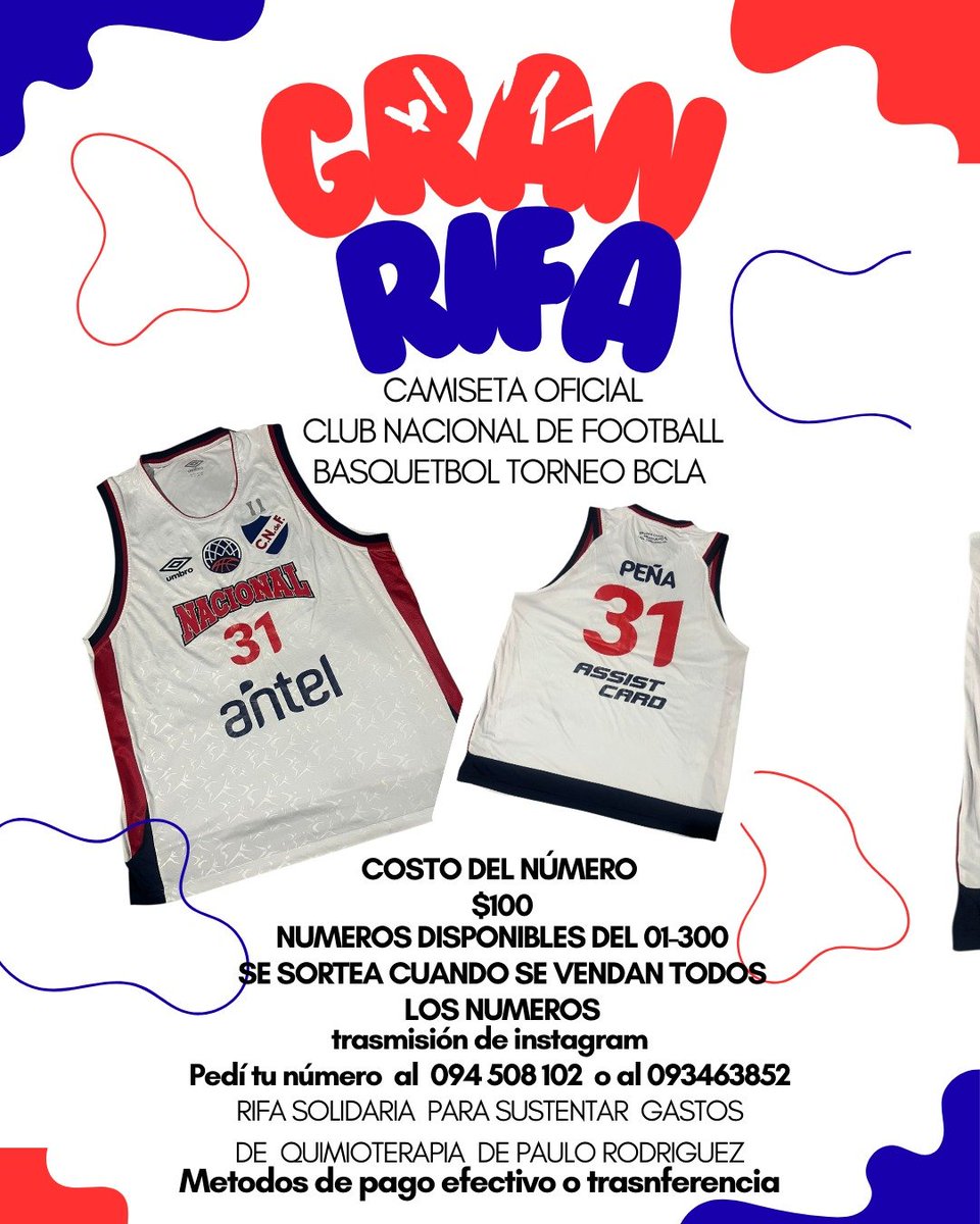 Rifa solidaria para sustentar gastos de Quimioterapia del equipier del basket, Paulo Rodríguez. 

Número de cuenta actual: 001191271-00003.

Para transferencia desde otros bancos: 00119127100003 brou.

El que no pueda colaborar, puede retuitear🙌🔵⚪️🔴