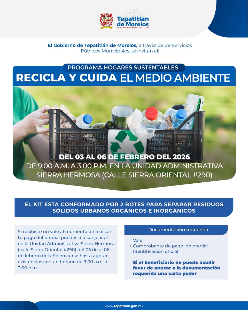 ♻️🌱  ¡IMPORTANTE! Cambiamos de lugar para la entrega de contenedores, no dejes caducar tu vale.

Programa “Hogares Sustentables: Recicla y cuida el medio ambiente”.

📅 Del 3 al 6 de febrero
📍 Unidad Admva. Sierra Hermosa (Sierra Oriental #290)
⏰ De 9:00 a.m. a 3:00 p.m.