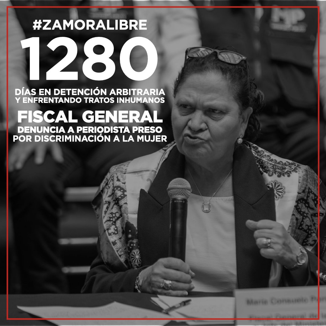 #ALERTA: Ayer se notificó que Consuelo Porras, como  ciudadana y a través de la Fiscalía de la Mujer, denunció por  discriminación a mi papá, el periodista #JoseRubénZamora, detenido  arbitrariamente desde hace más de 1280 días. En una audiencia unilateral  se fijó la primera