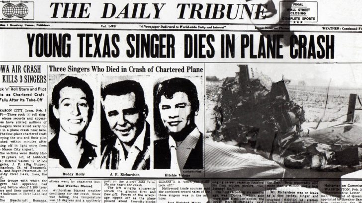 URDailyHistory's tweet image. 3 Feb 1959: Rock singers Big Bopper, Buddy Holly, Ritchie #Valens and pilot Roger Peterson die as their #plane crashes in a cornfield near Clear Lake, Iowa. The line, "the day the music died" in Don McLean's song "American Pie" refers to the crash. #History #OTD #ad