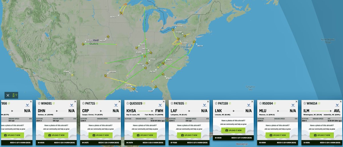 KellerWomack's tweet image. I agree, Sue. I suspect that they may be conducting experiments as part of this operation. No tangible proof (yet) but here are some oddities:
1. A large number of Beech Hurons are in flight, spread throughout certain regions. Usually, there may be 1 or 2 flying. I've seen 10+