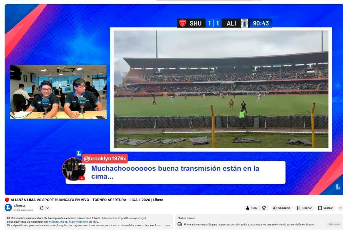 Hoy con <a href="/diario_libero/">Líbero</a> tuvimos picos de más de 10 mil conectados reaccionando al partido <a href="/SportHuancayoOF/">Sport Huancayo</a> vs <a href="/ClubALoficial/">Club Alianza Lima</a> en nuestro canal de YouTube. Merecida victoria aliancista. Gracias por la preferencia 😉