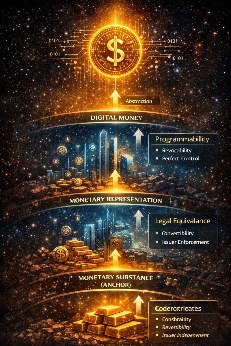 ShresthaSubik's tweet photo. Gold was a thing.
Fiat was not gold.

USD (as we know it) is a thing.
A “Digital USD” is not the same thing — it’s an abstraction.

The risk isn’t a de-peg.
It’s a layer substitution.

Money keeps its name while its nature quietly changes. https://t.co/x1fIR1v1xc