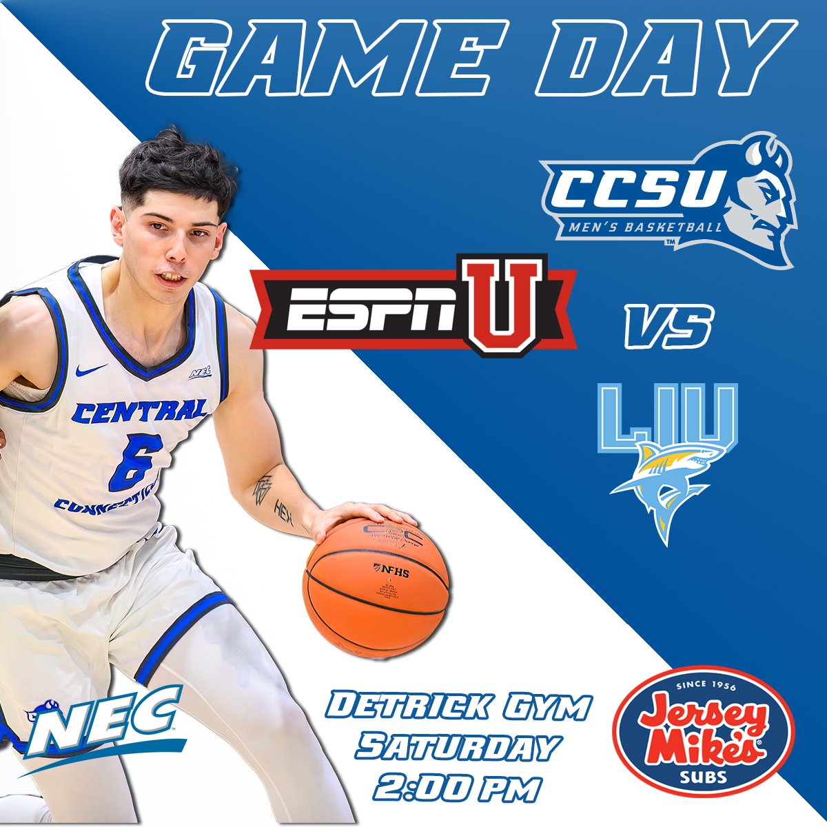 🏀 <a href="/CCSU_MBB/">CCSU Men’s Basketball</a> GAMEDAY
*Winter clothes collection drive*
📆 Saturday, Jan. 31
⏰ 2pm vs. LIU
📍 Detrick Gymnasium | New Britain, CT
📺 ESPNU
💻 ESPNU tinyurl.com/4c2eh4k
📊 tinyurl.com/yncv4m8u
🎟  ccsubluedevils.com/ccsutickets

#GoBlueDevils | #necmbb