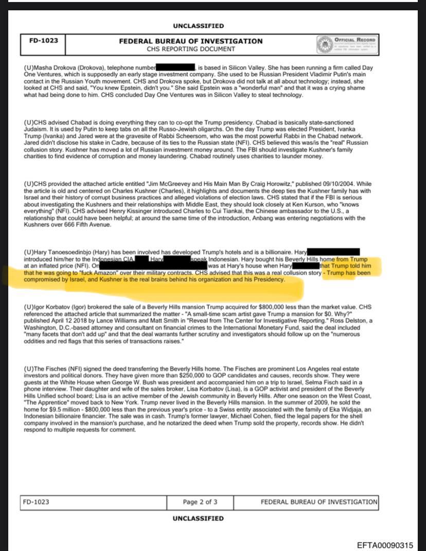 An FBI CHS (confidental human source) report requires an FBI-validated informant.

It is a higher credibility threshold than standard intelligence claims.

A CHS stated that Trump was compromised by Israel, and that Kushner was essentially running the show.

Additional