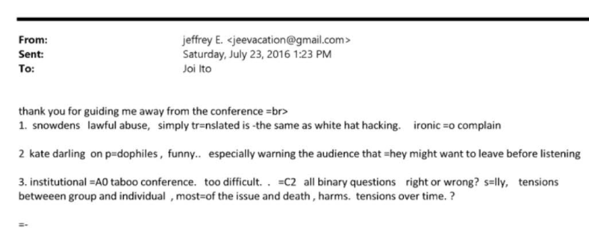 emilyakopp's tweet image. New docs confirm something I reported last year: the Reid Hoffman-affiliated MIT Media Lab hosted a conference called "Forbidden Research" that proposed "child-sized sex robots" and considered inviting benefactor Jeffrey Epstein.