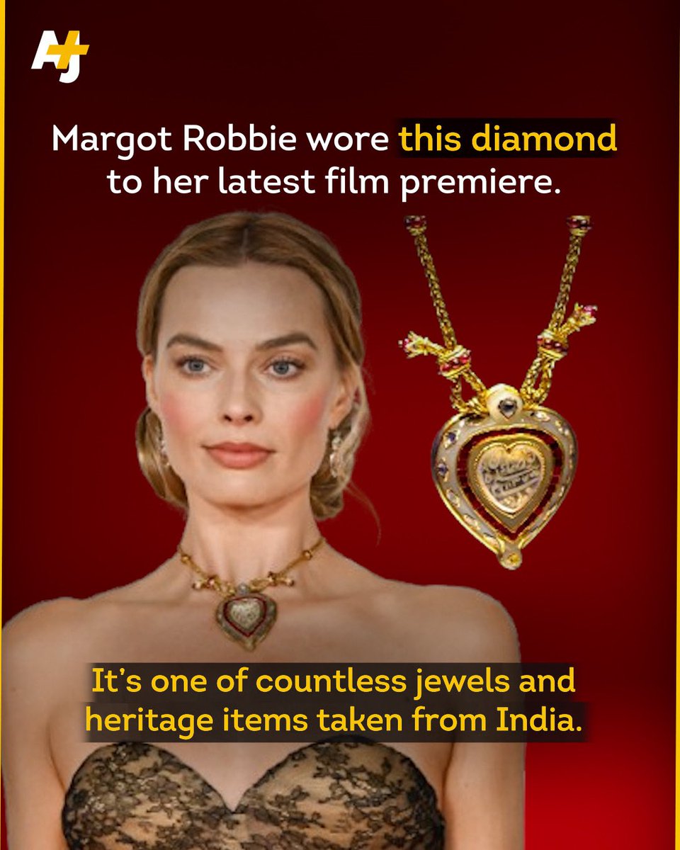 ajplus's tweet image. Margot Robbie wore this diamond necklace to the "Wuthering Heights" premiere.

Its appearance reopened discussion about Western celebrities wearing heritage items taken from India — and India’s fight to reclaim them.