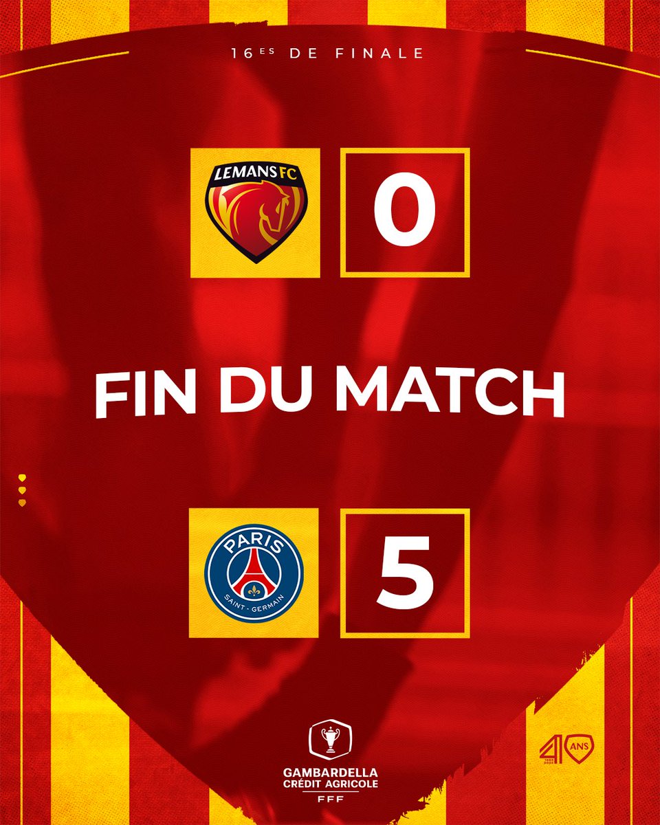 #𝐋𝐌𝐅𝐂PSG 0️⃣-5️⃣

⏱️ 90' | L'aventure Gambardella s'arrête en 16es cette saison. Les jeunes « Sang et Or », au contact en première période, sortent face à une très, très belle équipe parisienne. C'était une première pour eux à Marie-Marvingt !

#Gambardella #AllezLEMANSFC 🔴🟡