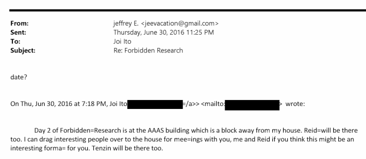 emilyakopp's tweet image. New docs confirm something I reported last year: the Reid Hoffman-affiliated MIT Media Lab hosted a conference called "Forbidden Research" that proposed "child-sized sex robots" and considered inviting benefactor Jeffrey Epstein.