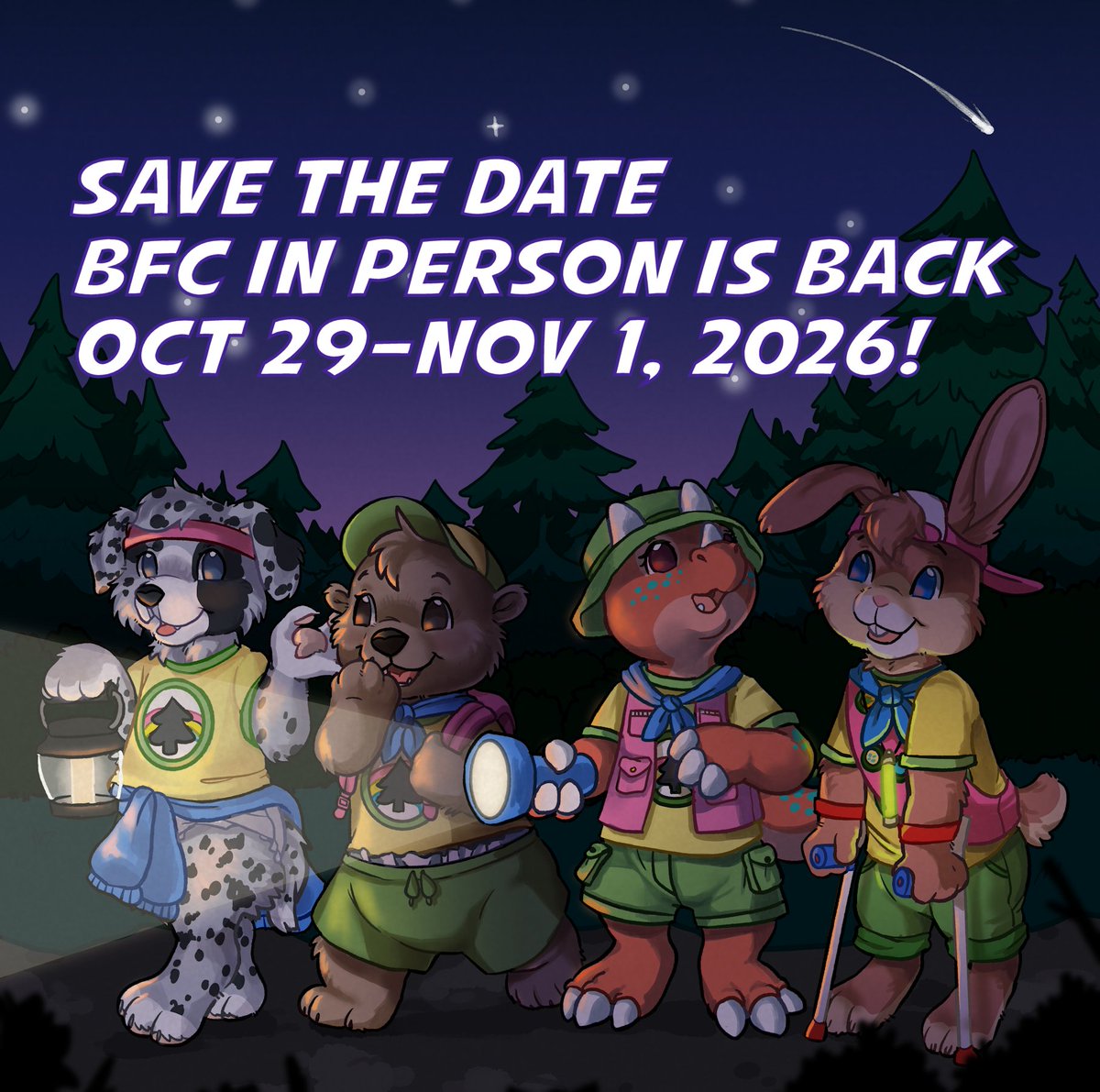 IYMI! Babyfur Con will return in person!
Save the dates: Oct 29 to Nov 1, 2026 🗓️

More details will be shared in the future and you never know, some hints might even pop up during BFC TV 📺

Stay tuned! 🔦
babyfurcon.com