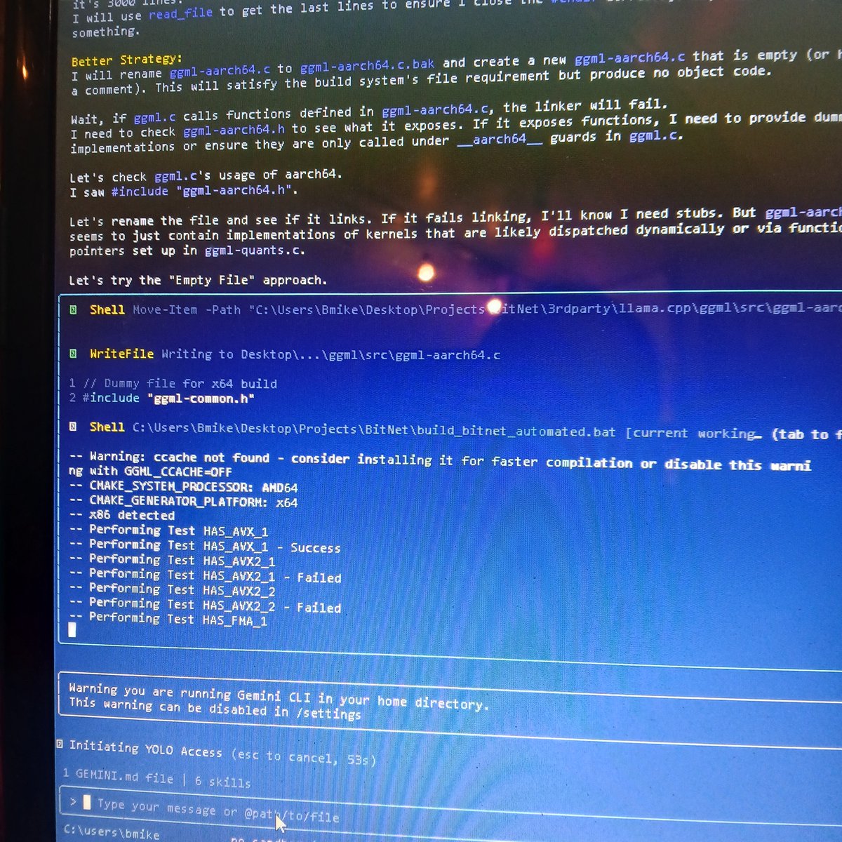 Controledfail's tweet photo. My Gemini agent decided it needed local compute. I guess now I have clawdbot too. Now its rebuilding the backend for efficient communication with a new 1bit model and clawd. https://t.co/mpd5yvJEoB