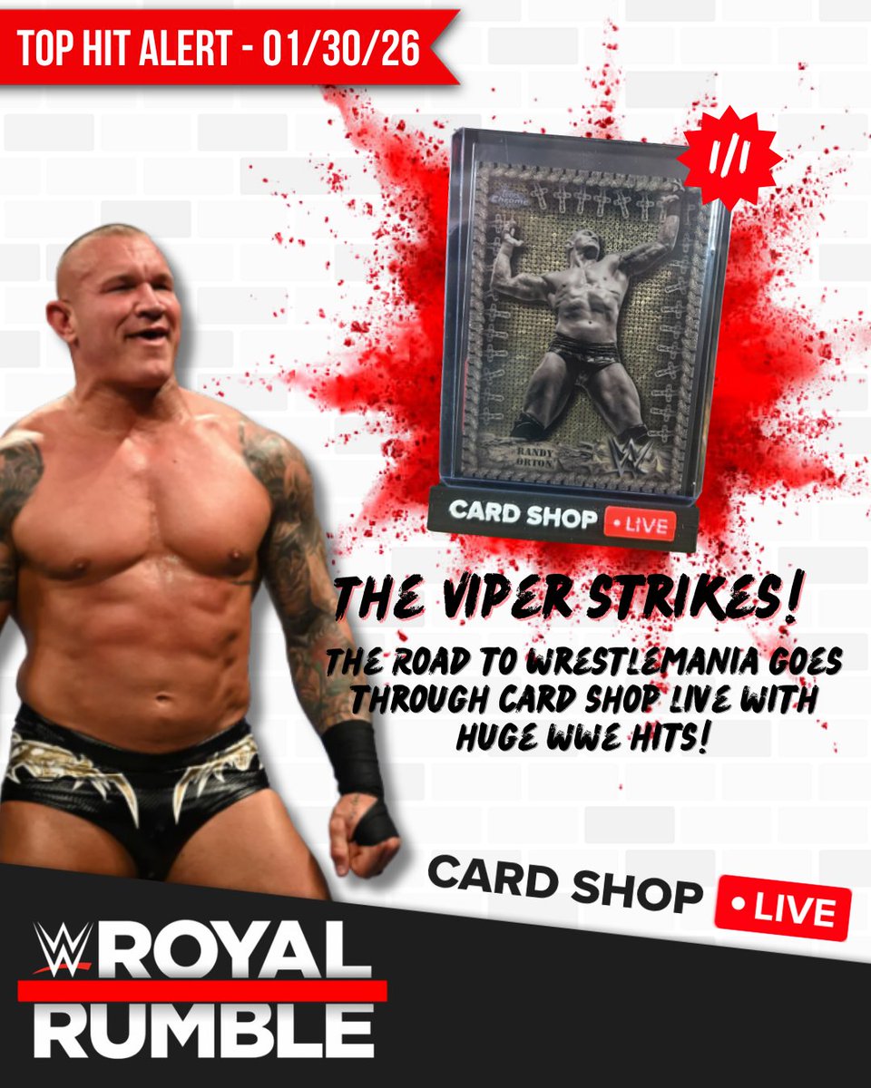 🚨 HIT ALERT 🚨
🐍 THE VIPER STRIKES 🐍
What a HIT! Huge Randy Orton hit pulled from @topps Chrome. As we kick off Royal Rumble season and head straight toward WrestleMania!

This is why we rip WWE 🔥
Don’t miss your shot to get some cards before the ROYAL RUMBLE THIS WEEKEND!