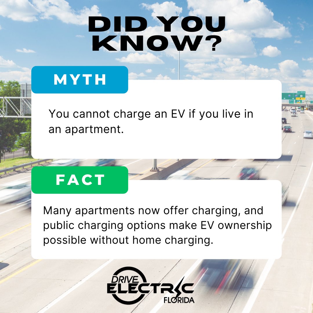 Myth: You cannot charge an EV if you live in an apartment

Fact: Many apartments now offer charging, and public charging options make EV ownership possible without home charging