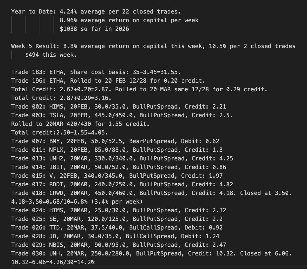 0ptionsEngineer's tweet image. Week 5 Review: 2 closed trades, 8.8% average return on capital this week, 10.5% average per closed trade this week. 8.96% average return on capital per week this year. $1,038 so far this year.