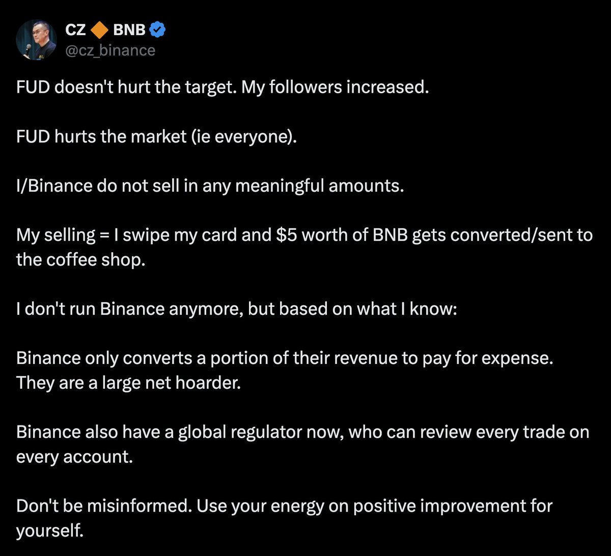 This guy is the biggest liar of all time

Nearly every word he writes is carefully crafted manipulation

"I don't run Binance anymore, but based on what I know" is the perfect example

It's deliberately constructed to make you think he is powerless

<a href="/cz_binance/">CZ 🔶 BNB</a> architected a