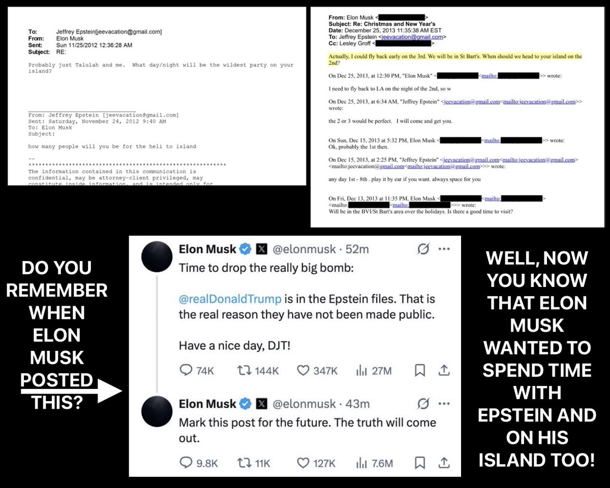 Who remembers Elon's infamous X post regarding Trump and his inclusion within the Epstein Files?

Now, take a look at these two DOJ released documents showing who else wanted to hang around with Epstein and on his debauched island!