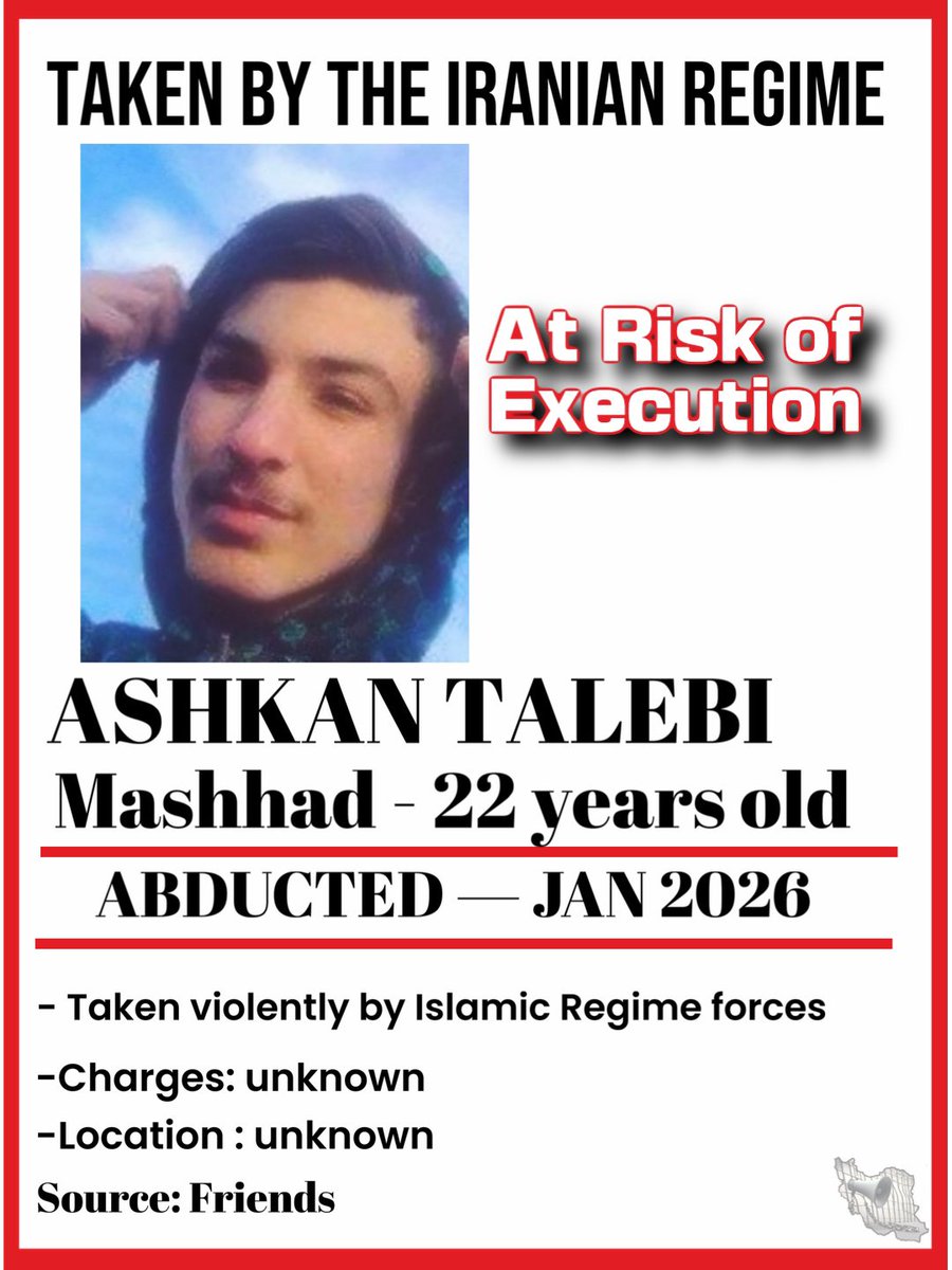#AshkanTalebi, a 22-year-old young man from Mashhad, told his family in a phone call  on January 29, 2026 that his death sentence has been issued—and that this call is his goodbye to them. 
#اشکان_طالبی
IranMassArrests <a href="/cnni/">CNN International</a> <a href="/VOAfarsi/">VOA Farsi صدای آمریکا</a>