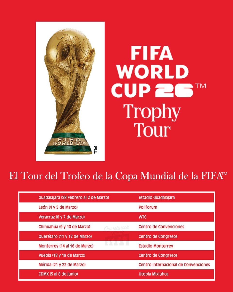 El trofeo de la Copa del Mundo FIFA 2026 llegara a Querétaro 
🗓 11 y 12 de Marzo 
📍 Centro de Congresos
➡️ queretarockmusic.com/noticias/el-tr…  
#FIFAWorldCup2026