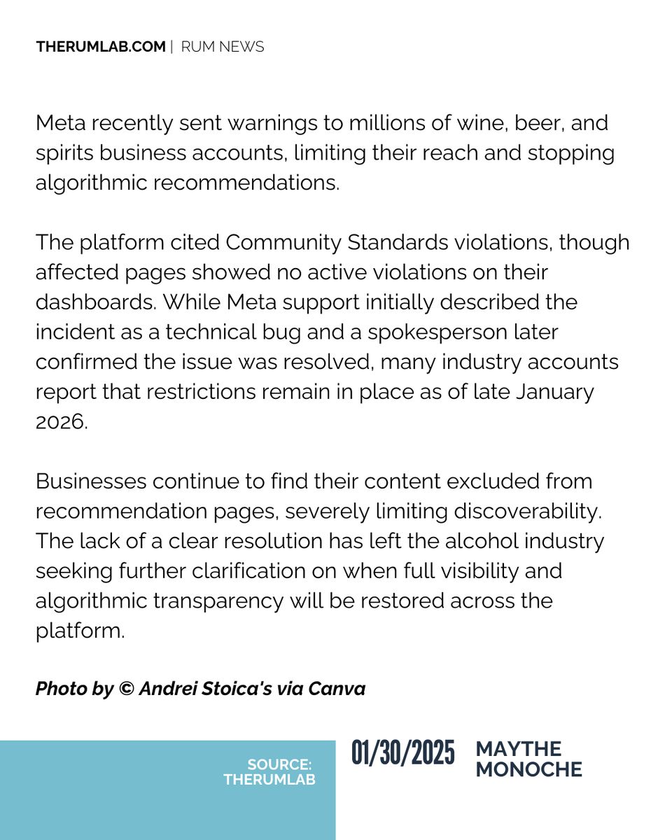 therumlab's tweet image. Meta admitted a "technical bug" was shadowbanning millions of alcohol business pages, but despite claims of a fix, the industry is still seeing red.
📱🥃 Is your brand still affected? Read the full story here:

therumlab.com/meta-clarifies…

#TheRumLab #RumNews #MetaBusiness