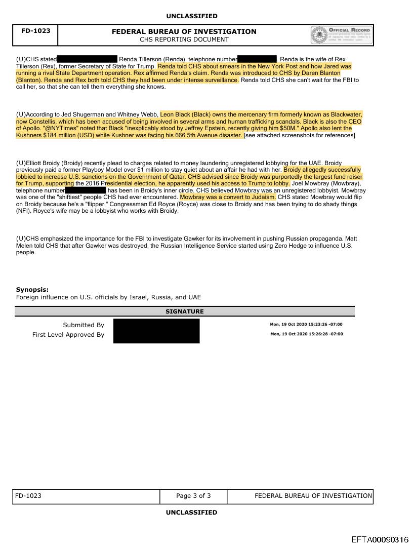 NEW: Unclassified FBI FD-1023 (CHS report) documents extensive claims of foreign influence, intelligence co-option, and political infiltration involving U.S. elites, Israeli networks, Russian capital flows, and Gulf-state actors.

The CHS reports that Harvard Law Professor Alan