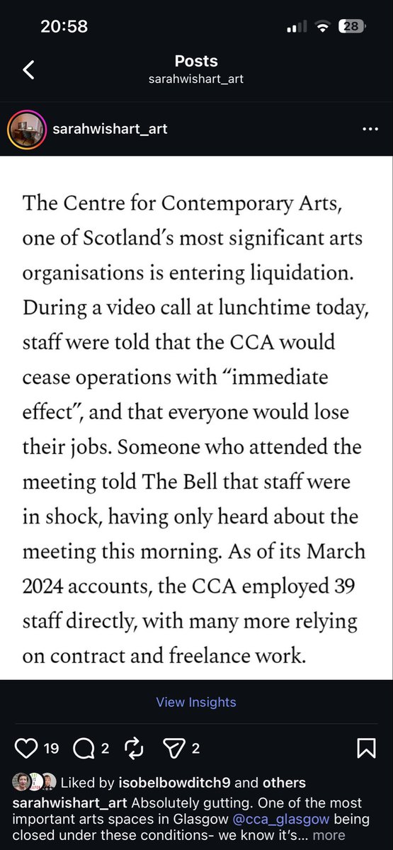 sarahwishart's tweet photo. One of the most important arts spaces in Glasgow @cca_glasgow closed under these conditions- the directors, the board and @creativescots and the @scotgov have some serious questions to answer with staff being unceremoniously sacked on a video call like this https://t.co/Z4sePiH2yV
