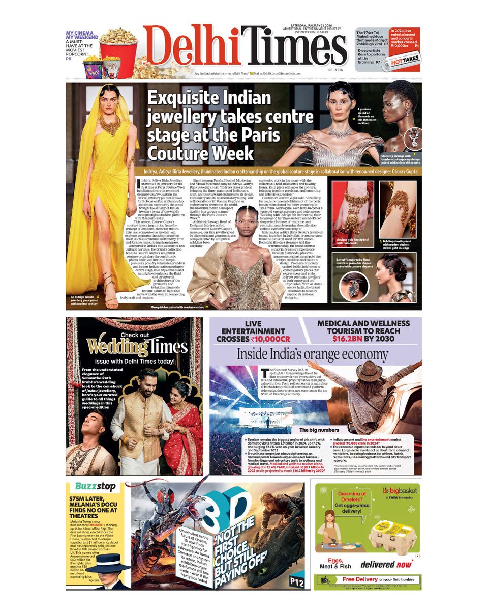 DelhiTimesTweet's tweet image. Today’s P1: From Orange Economy’s surge, Melania Trump’s documentary to 3D films still holding their spot and more 

Tap the link in our bio to read 

#Orangeeconomy #liveentertainment #MelaniaTrump  #MelaniaFilm  #3dmovies #Avatarr #superman