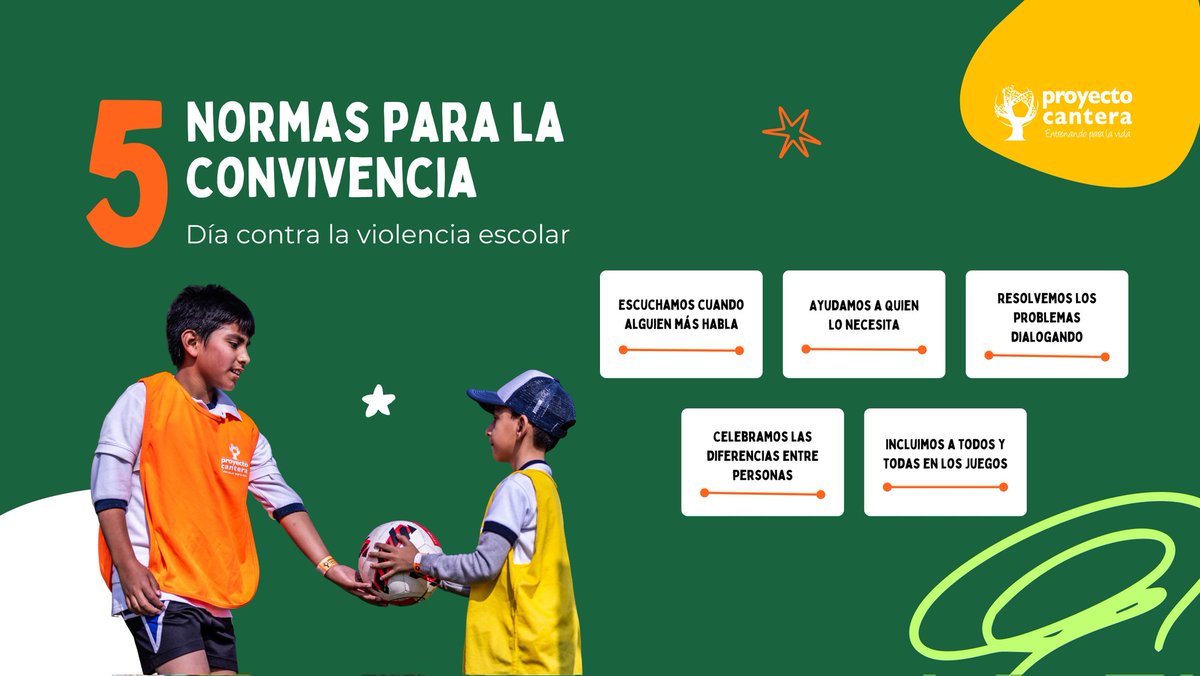 La convivencia se construye en lo cotidiano.
Escuchar, ayudar, dialogar, incluir y respetar.

5 normas para crear espacios más seguros en el juego y la vida diaria.

En este día elegimos convivir mejor.

#ProyectoCantera #HabilidadesParaLaVida #Convivencia #CulturaDePaz #Niñez