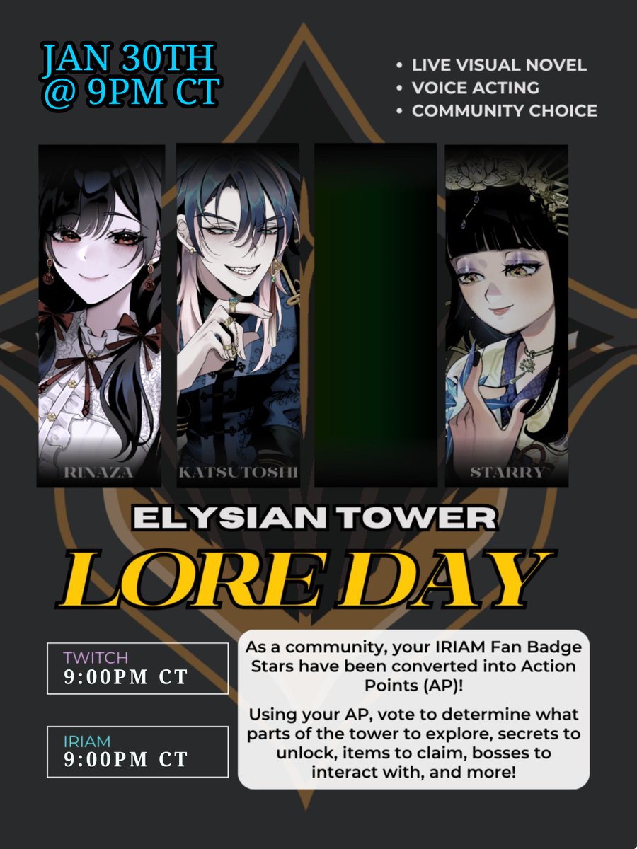 Salutations, adventurers.

Excited to explore of the Tower with your Elysian Floor Bosses? Join us tonight at 9PM CT for Lore Day! Your host shall be <a href="/StarryMuseVT/">Starry Muse 🌟🎶💜 |【IRIAM US | Elysian Tower】</a> over at twitch.tv/starrymusevt . Ready to explore new areas and uncover more secrets?

#ElysianTowerLoreDay
