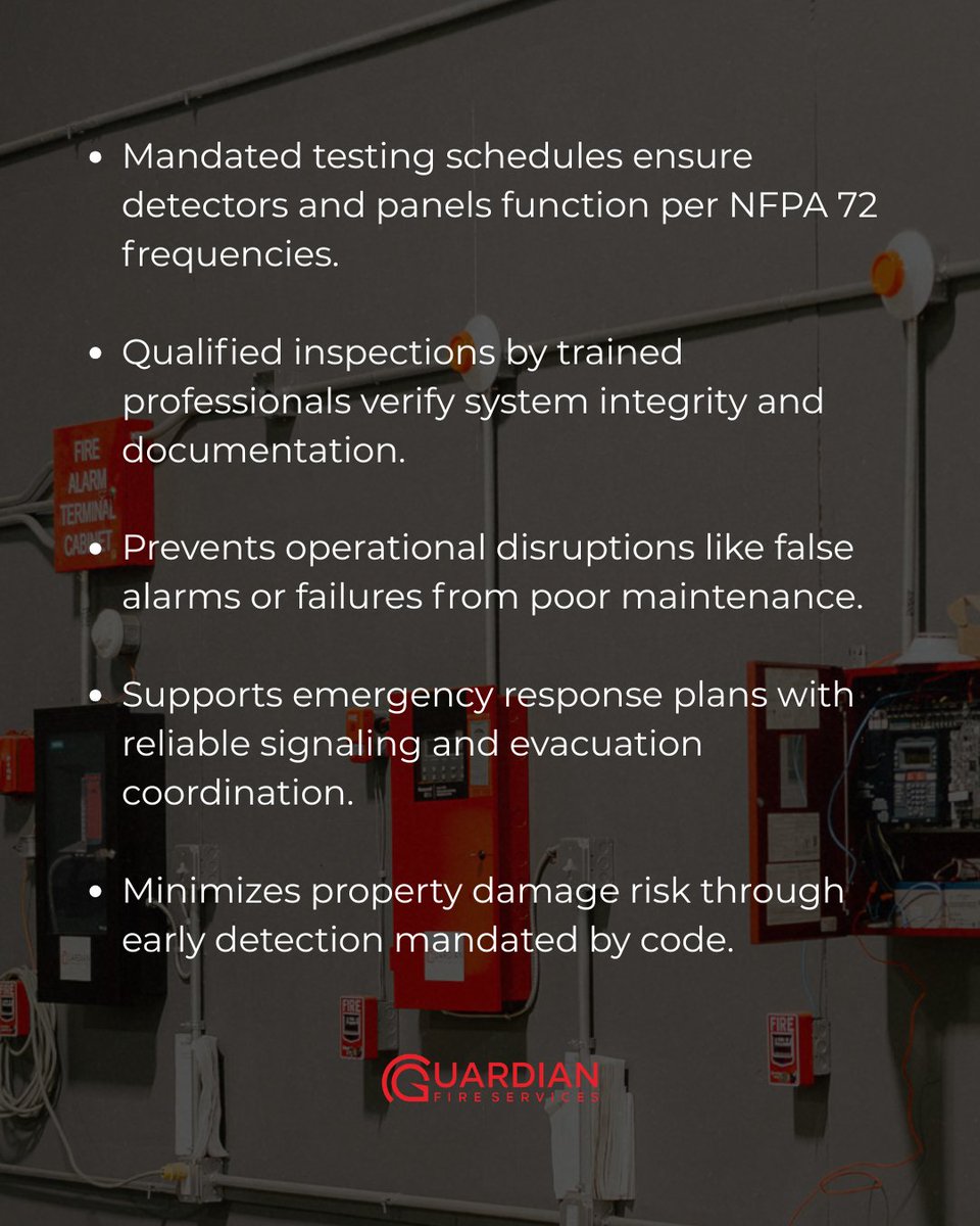 Guardianfire22's tweet photo. Routine fire alarm ITM keeps your system ready when it matters most by verifying signals reach first responders, supporting NFPA compliance, and helping protect people, property, and operations with documented testing.

#guardianfireservices #fireprotectionnationalstrength #itm https://t.co/gwy87jDZbj