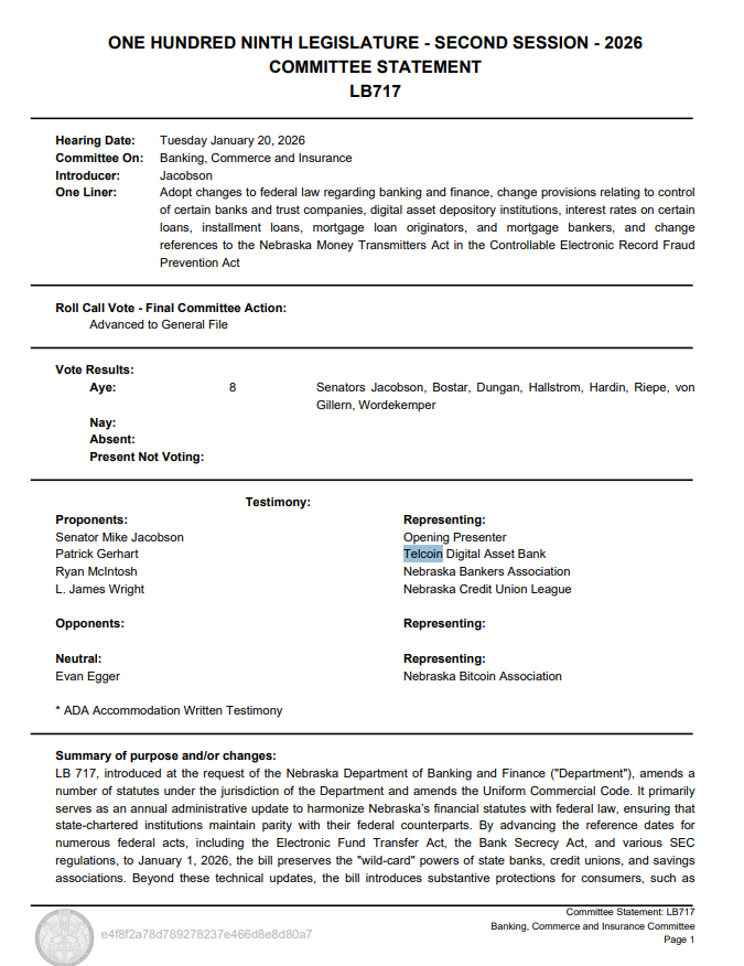 Nebraska lawmakers updating financial law (LB717) and <a href="/TelcoinDAB/">Telcoin Digital Asset Bank</a>  is literally in the room as a proponent.

That’s not “crypto lobbying”
That’s having a seat at the table while the rules get written.
First regulated digital asset bank. First-mover advantage. $TEL 🏦🔥