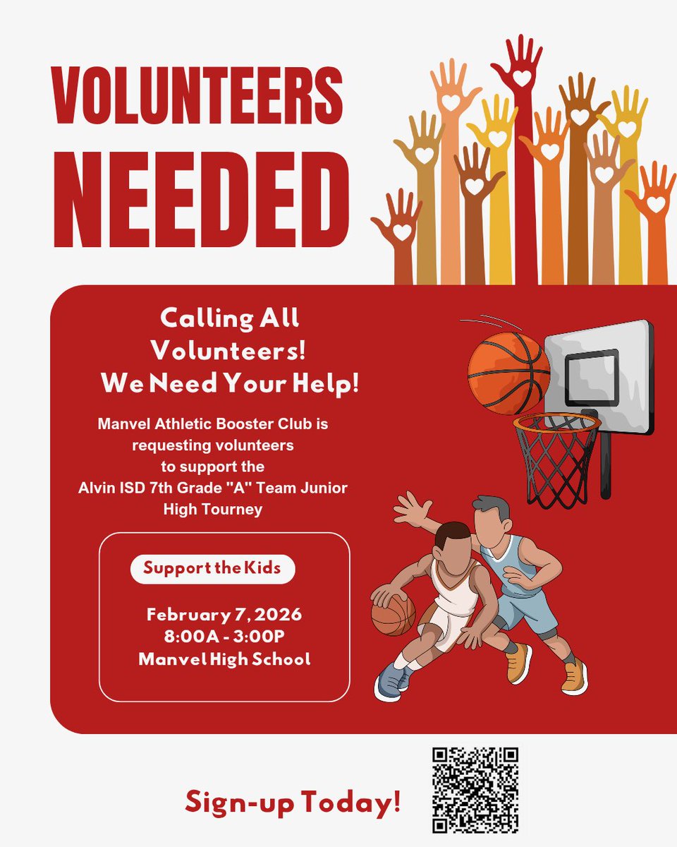 ManvelHSabc's tweet image. 🏀 VOLUNTEERS NEEDED! 🏀
Calling all parents, community members, and supporters — we need YOU!
📲 Scan the QR code to sign up today and help us Support the Kids!

#VolunteersNeeded #HokaHey #ManvelAthletics #BoosterClub #ManvelHighSchool