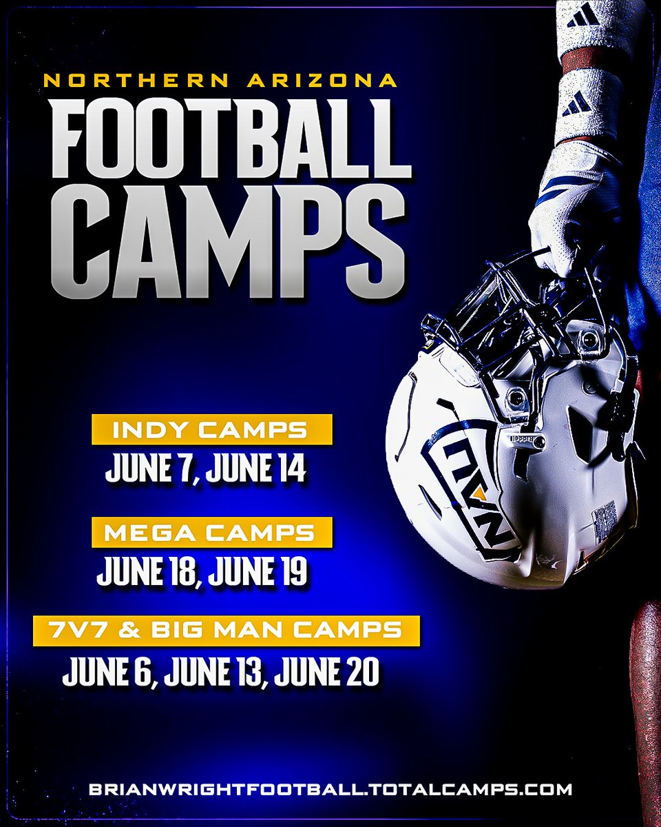 NAU_Football's tweet image. Where else would you want to be in June?

Our 2026 camp dates are here and registration is open!

🔗 brianwrightfootball.totalcamps.com

#RaiseTheFlag | #BigSkyFB
