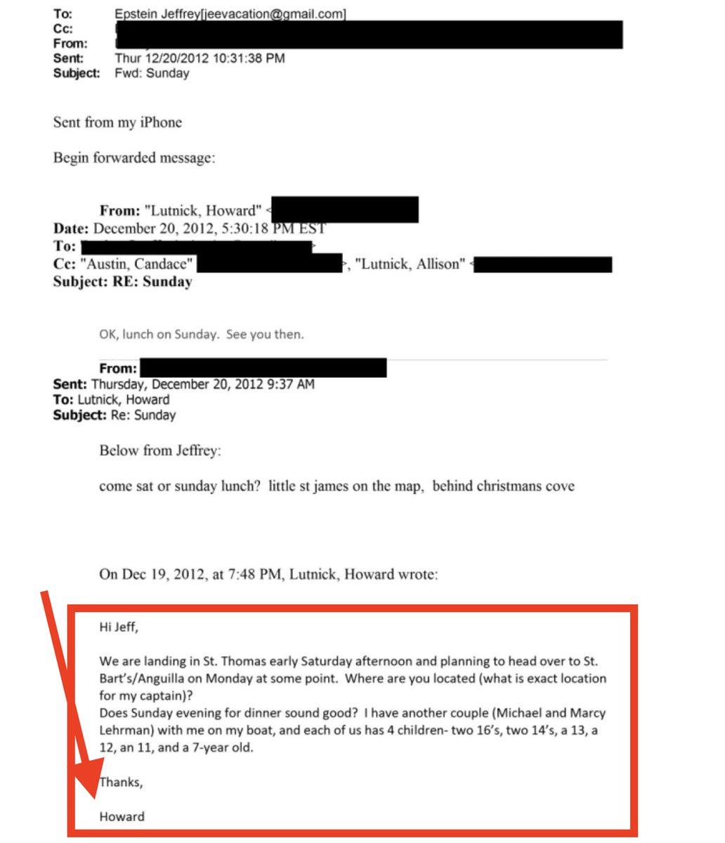 MASSIVE BREAKING: Commerce Sec. Howard Lutnick is screwed:

2012 emails from the NEW Epstein files show Lutnick planned a 'lunch' on Epstein's island, confirming his arrival details.

This contrasts with his 2025 statements claiming that he cut all ties to Epstein 7 years prior
