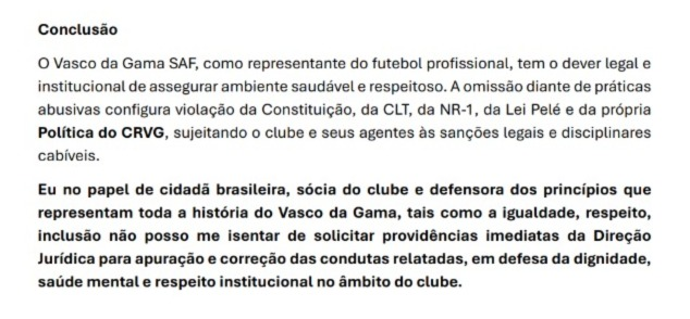 AVascainos's tweet photo. SÓCIA DO VASCO FAZ DENÚNCIA CONTRA DINIZ
Uma sócia do Vasco da Gama, Aline da Rocha Moreira, protocolou uma denúncia formal junto ao Departamento de Compliance da Vasco da Gama SAF relatando possíveis práticas de assédio moral e abuso de poder no ambiente do futebol profissional do clube, envolvendo o técnico Fernando Diniz.

No documento, a sócia aponta episódios de broncas públicas e exposição de atletas, citando como exemplo o que ocorreu na partida contra o Mirassol, e sustenta que, dependendo da frequência e da forma, esse tipo de conduta pode ultrapassar o limite da liderança técnica e configurar constrangimento. A denúncia também menciona normas trabalhistas e políticas internas de combate ao assédio e de proteção à saúde mental.

Entre os pedidos feitos estão a abertura de investigação interna, adoção de medidas preventivas, reforço de canais de denúncia e oferta de acompanhamento psicológico a atletas e profissionais que possam ter sido expostos a situações vexatórias.

Até o momento, não houve posicionamento oficial da SAF sobre o caso.