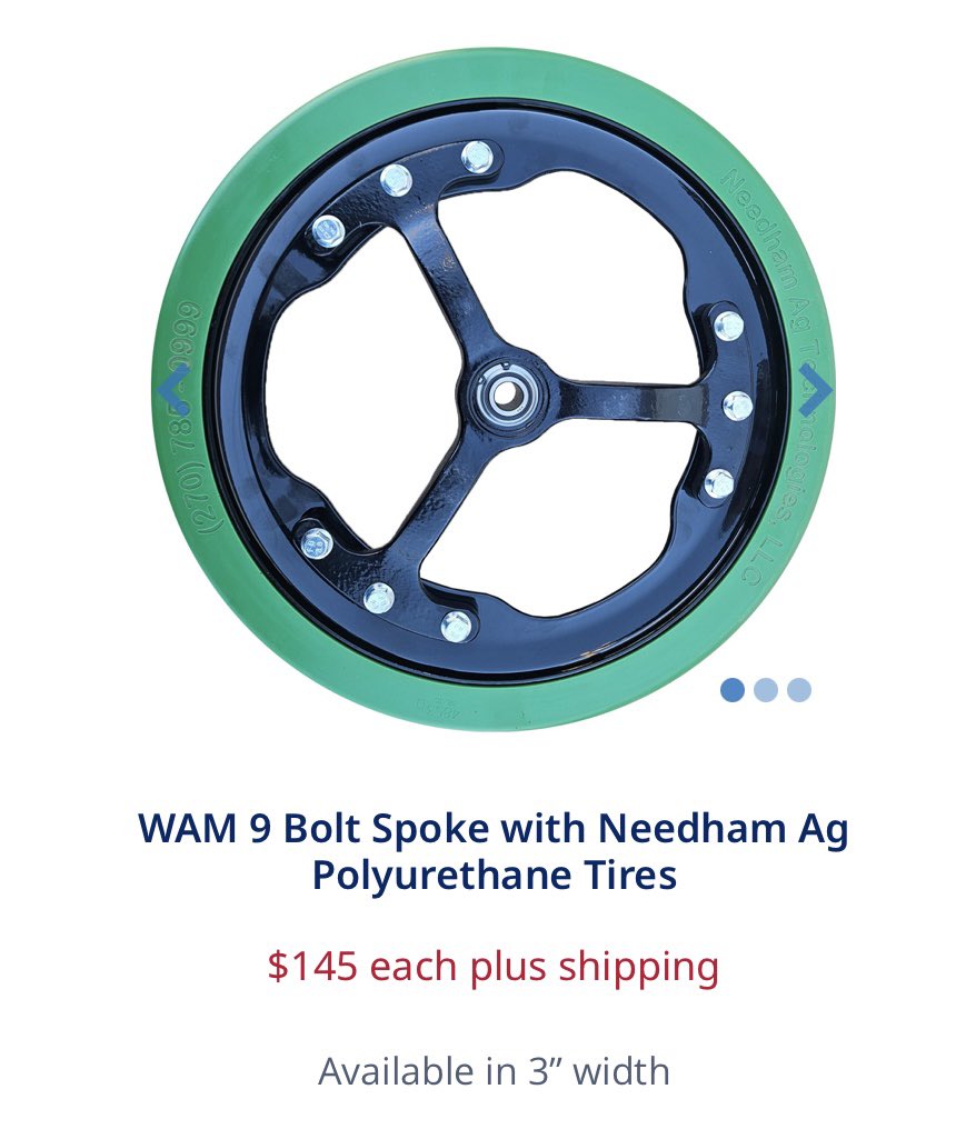 WAM Farms Spoke Gauge Wheels now available with 3 different poly tires for the toughest no-till conditions. We also offer steel scraper rings for rubber tire models, serving as disk scraper and prolonging tire lip life. 
2 year bearing warranty and free shipping on 48 or more.