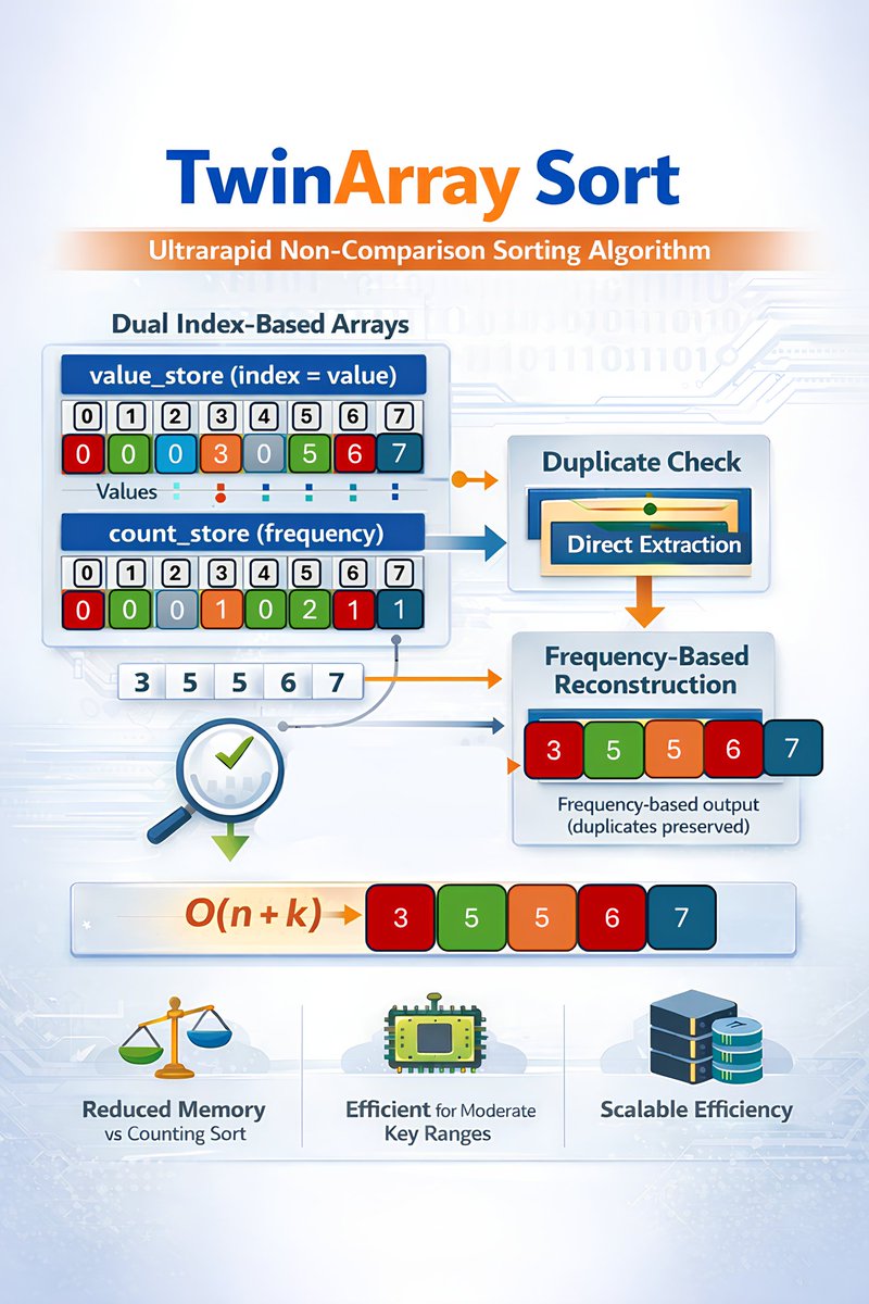aminio8086's tweet photo. 🚀 My New research published! @LJMU 
Introducing TwinArray Sort — an ultrarapid conditional non-comparison integer sorting algorithm.
Published in Electronics (MDPI), Vol. 15(3).
🔗 https://t.co/7oOsMzAtcI

#ComputerScience #Algorithms #SortingAlgorithms #Research https://t.co/EpmCTAUln3
