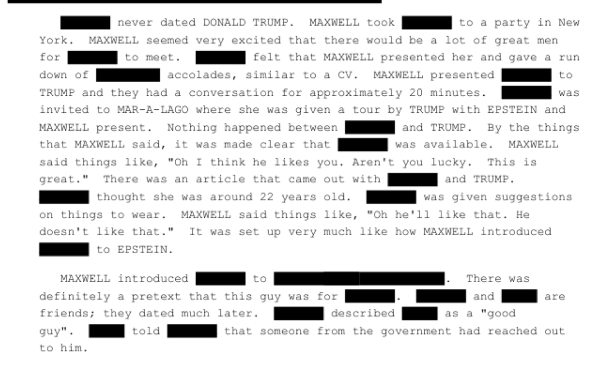 AaronParnas's tweet image. In an interview with FBI agents, a survivor told agents that Ghislaine Maxwell "presented" her to Donald Trump, making clear she was "available."

This isn't a tip. This is an FBI 302, an interview with agents.
