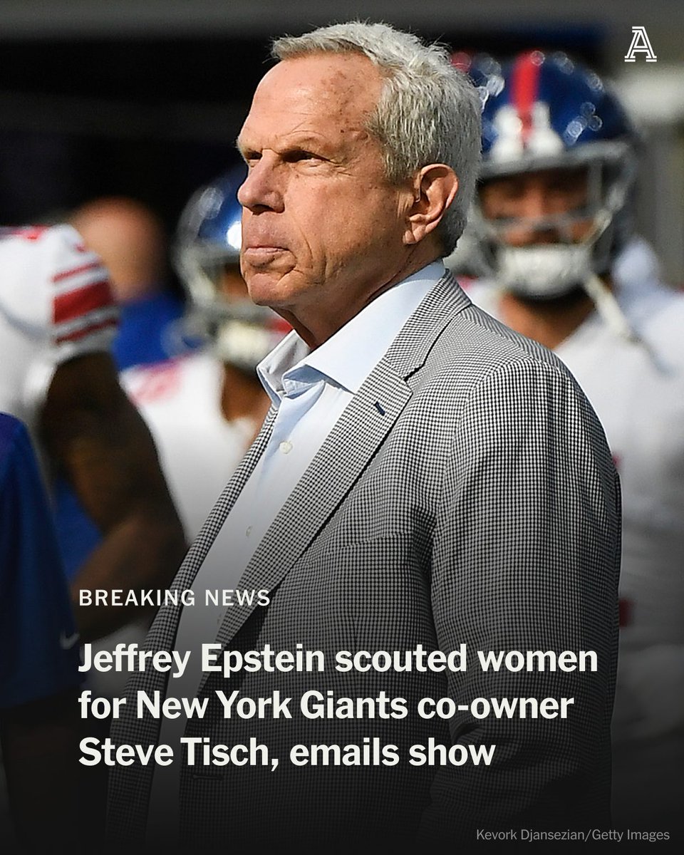 TheAthletic's tweet image. BREAKING NEWS: Convicted sex offender Jeffrey Epstein connected New York Giants chairman and co-owner Steve Tisch with multiple women, according to newly released emails.

Tisch received scouting reports on women from Epstein and the two men discussed whether women were “pro or…