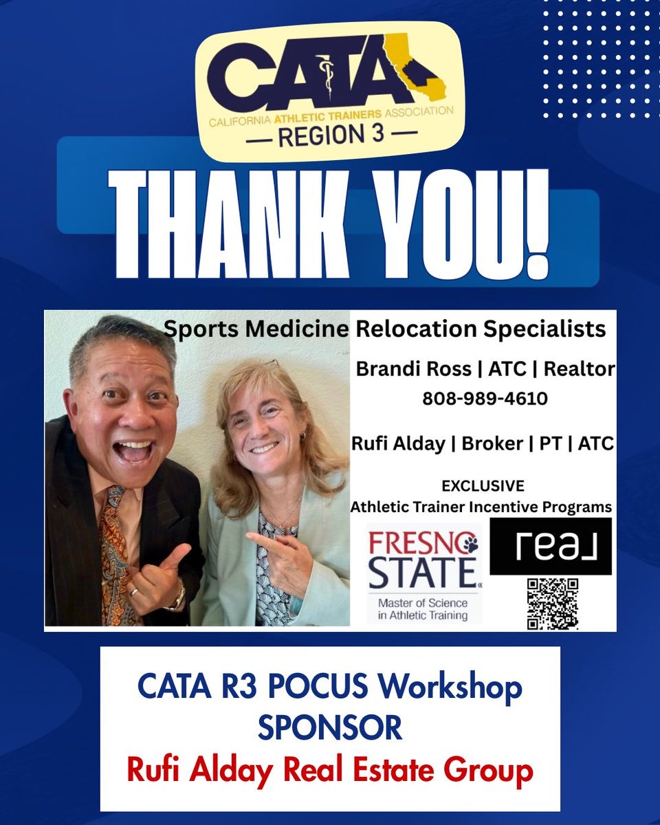 CATA_Region3's tweet photo. 🏡 Huge thank you to Rufi Alday Real Estate Group for supporting our athletic training community &amp; our Region 3 workshop 💙

We appreciate your commitment to giving back and supporting local professionals.

Thank you for being part of our Region 🤍 https://t.co/99vPbwWfSF