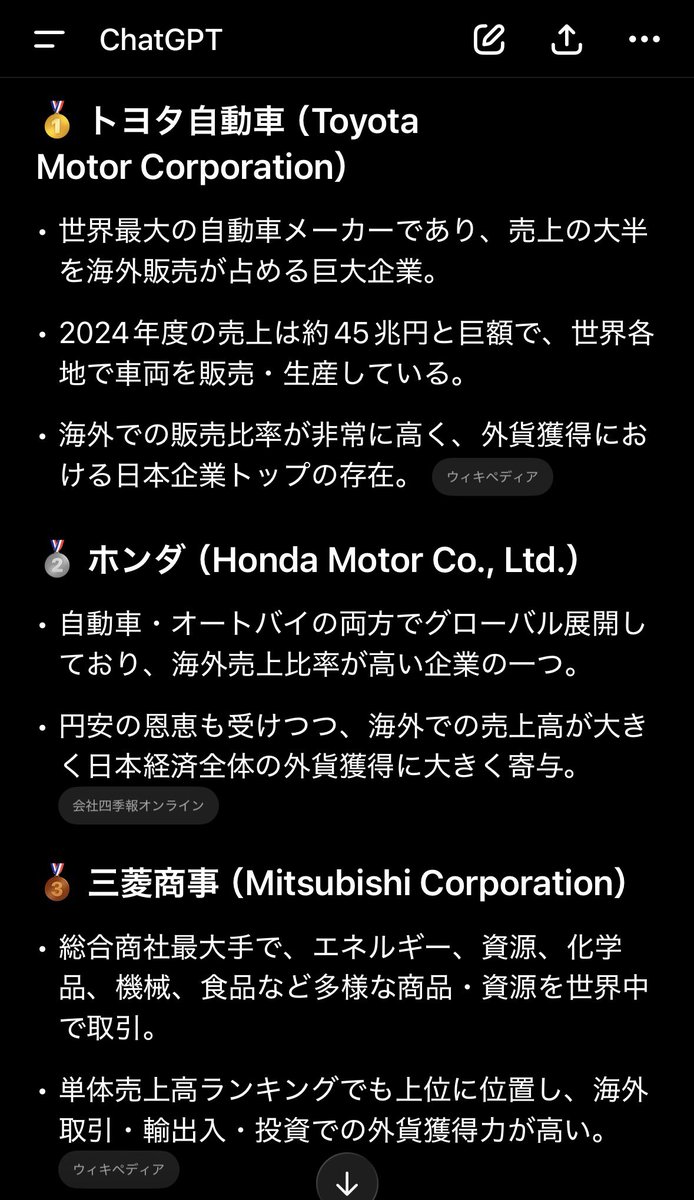 日本の外貨獲得企業トップ3は？ ChatGPT「トヨタ、ホンダ、三菱商事」