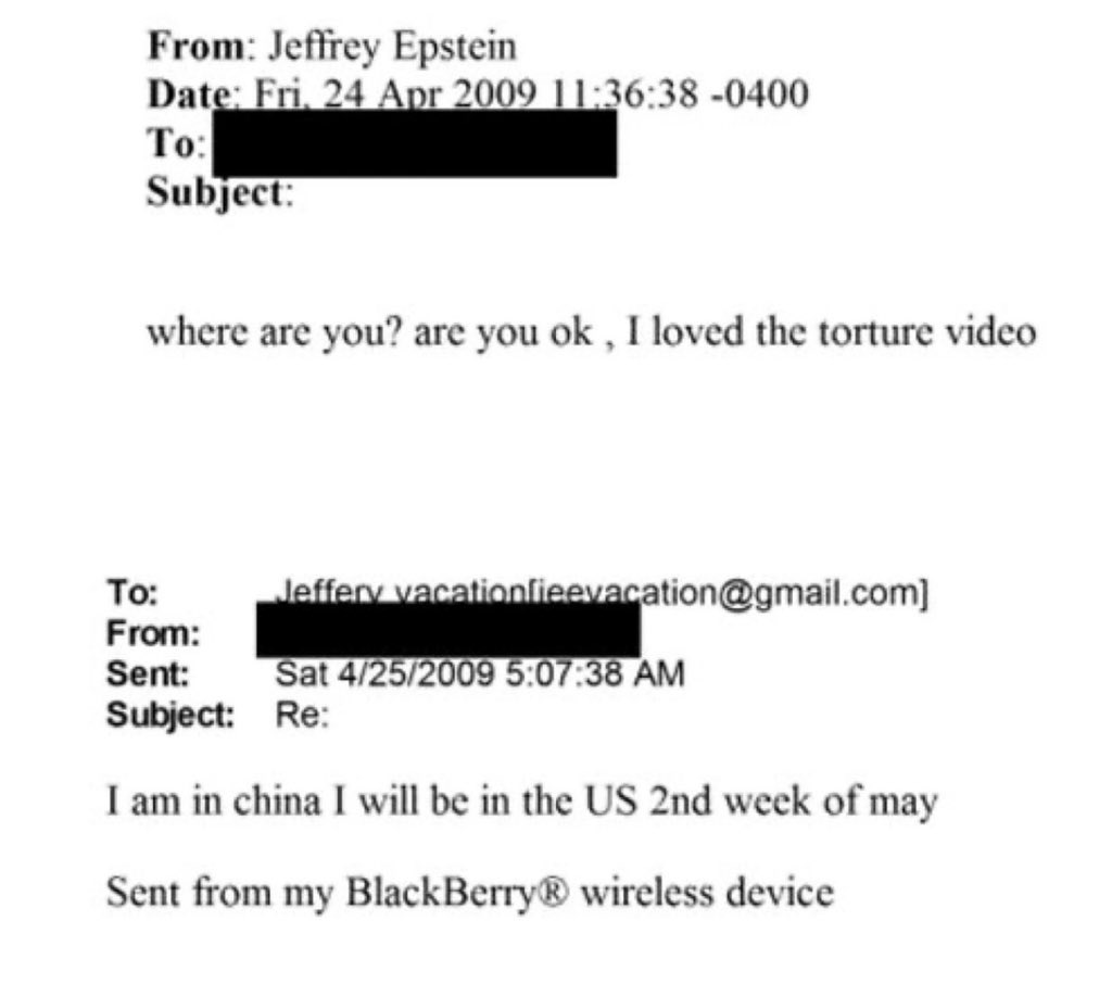 Who is the redacted person who told Jeffery Epstein that he loved the torture video? 

These files are showing that elites really do rape and torture children 

This has been shown multiple times like with the Finders cult, the Franklin scandal and the Dutrox scandal