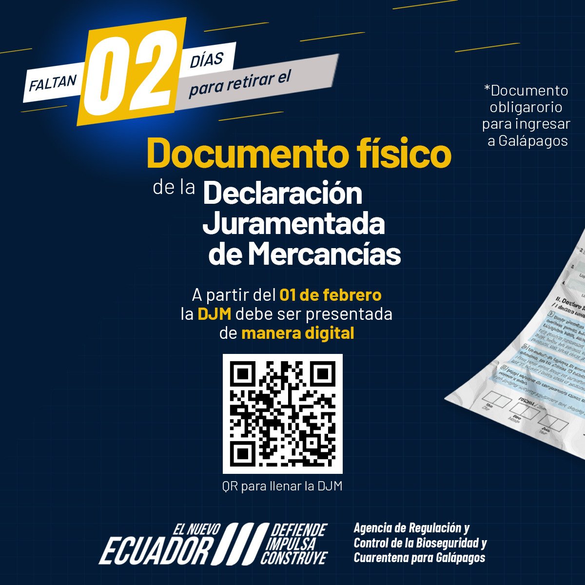 Desde este 01 de febrero, se retira de forma definitiva el documento físico de la DJM.
Recuerda: 
- Es un requisito obligatorio para ingresar a Galápagos
- Debe ser llenado por todo viajero mayor de edad
- Tus datos están protegidos por ley.
Lo llenas en: siabg.abgalapagos.gob.ec