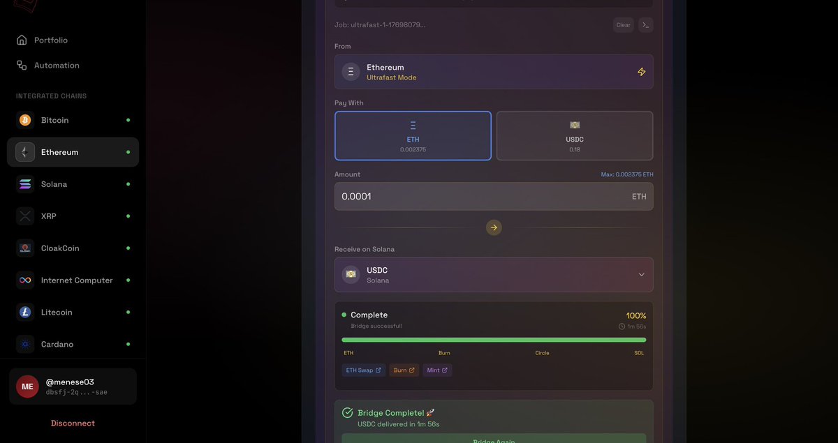 Did you see it yet? Our native chain to chain communication, entirely onchain non custodial and automation friendly. From $Eth to $USDC on $Sol or directly to <a href="/solana/">Solana</a> 
You can now just add a strategy that automated non custodial entirely on chain through $ICP 

Experimental still
